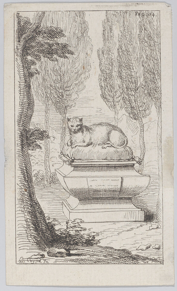 Cat atop a tomb, Charles Antoine Coypel (French, Paris 1694–1752 Paris), Etching 