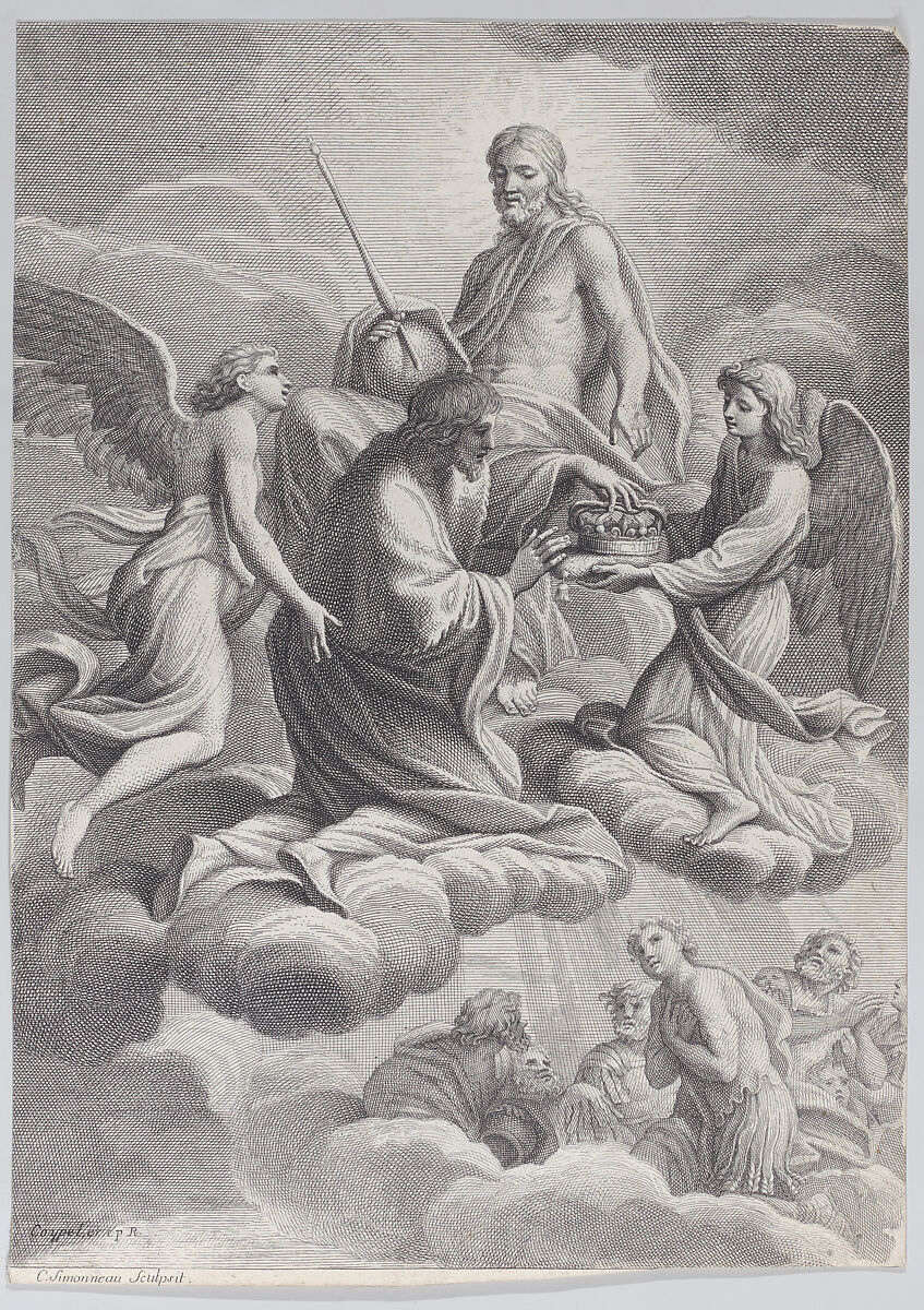 Saint Louis of France received into heaven by Christ and two angels who offer him the crown of France, Charles Simonneau (French, Orléans before 1645–1728 Paris), Engraving 