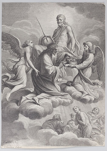 Saint Louis of France received into heaven by Christ and two angels who offer him the crown of France
