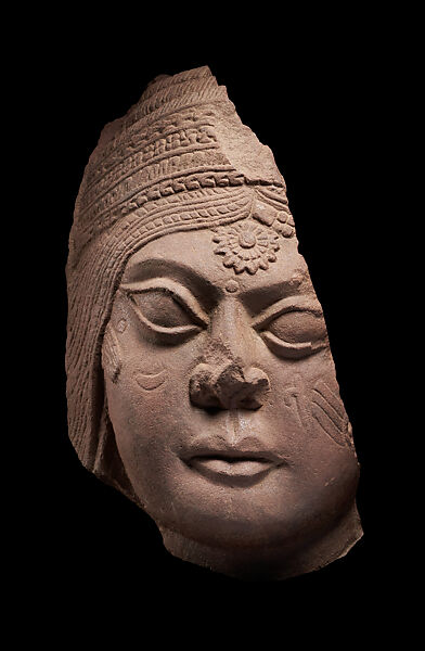 Fragment from a railing pillar with face of a yakshi, Sandstone, India, Bharhut Great Stupa, Satna district, Madhya Pradesh 