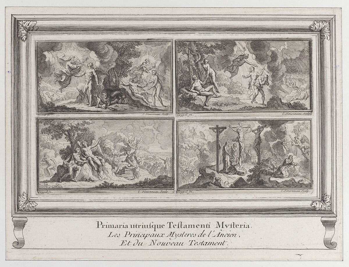 Four Biblical scenes: the main mysteries of the Old and New Testaments (Les principaux mystères de l'ancien et du nouveau testament), Charles Simmoneau (French, 1615–1728), Etching 