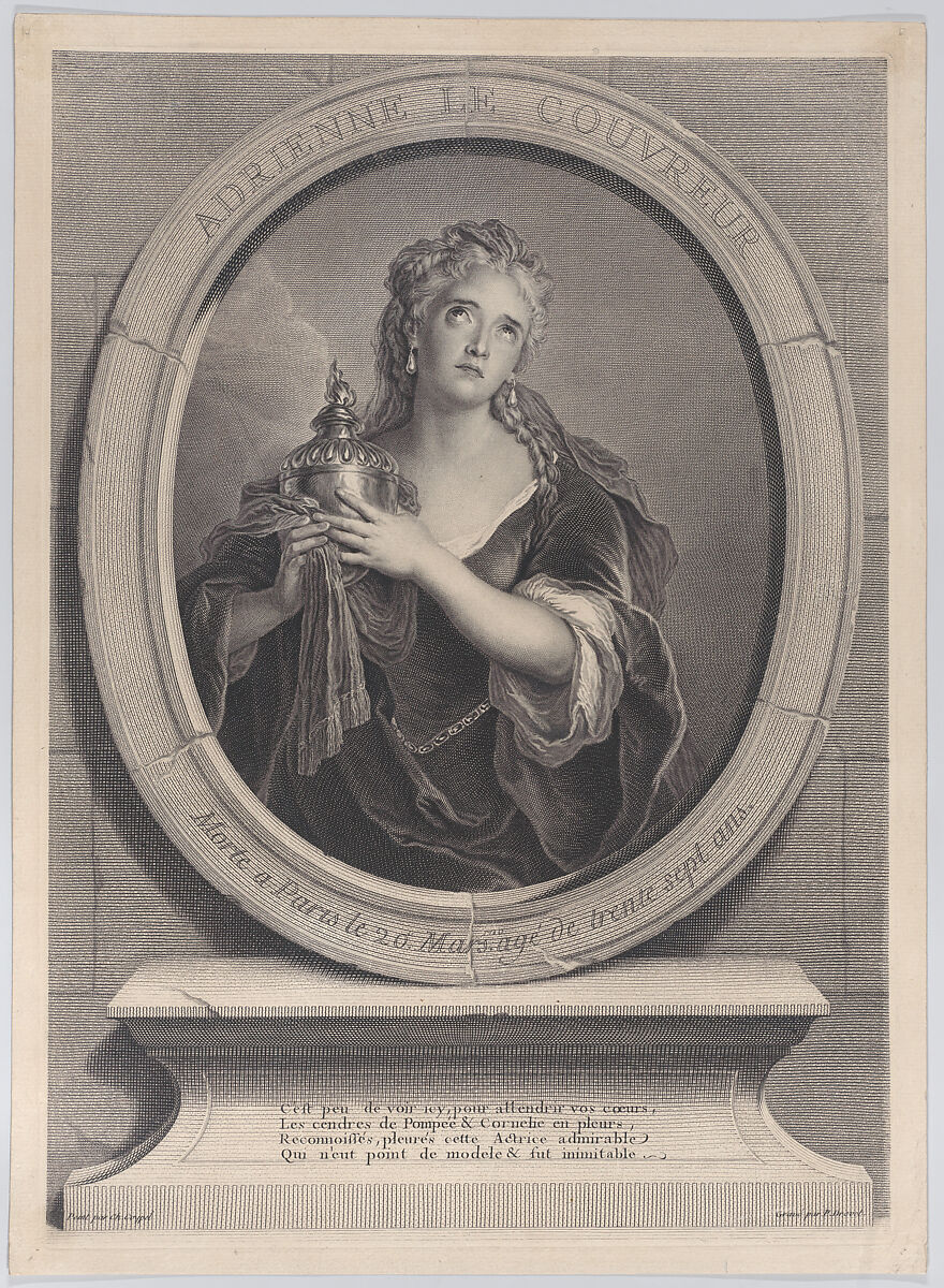 Portrait of Adrienne Lecouvreur as Cornelia in Corneille's "La Mort de Pompée", Pierre Imbert Drevet (French, Paris 1697–1739 Paris), Engraving; third state of three 