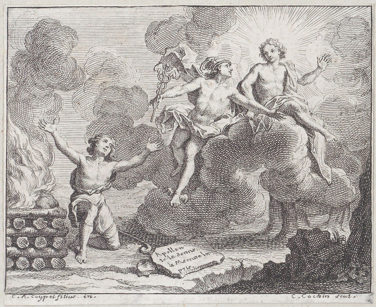 Apollo, Mercury, and the Shepherdesses, Fable X in "Fables Nouvelles", Charles Nicolas Cochin I (French, Paris 1688–1754 Paris), Etching 