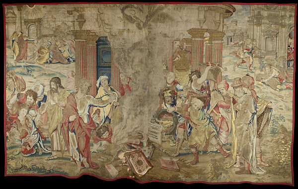 Saint Paul Directing the Burning of the Heathen Books, from a nine-piece set of the Life of Saint Paul, Pieter Coecke van Aelst  Netherlandish, Wool, silk, silver and gilded silver metal-wrapped threads