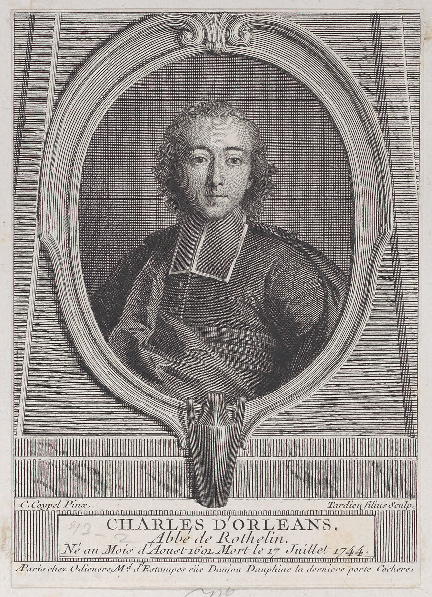 Portrait of Charles d'Orleans, Abbe of Rothelin, Nicolas Henry Tardieu (French, Paris 1674–1749 Paris), Etching and engraving 
