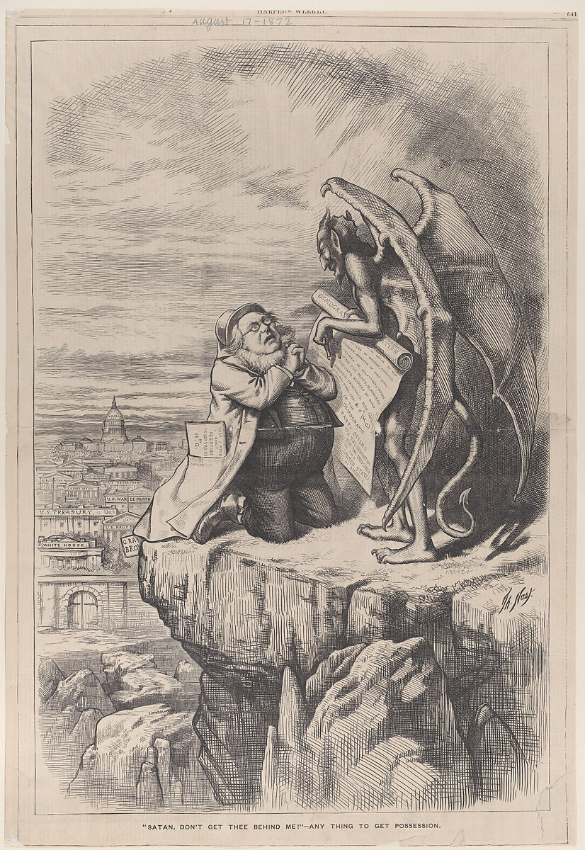 "Satan, Don't Get Thee Behind Me!"–Anything to Get Possession (from "Harper's Weekly," vol. 16, p. 641), Thomas Nast (American (born Germany), Landau 1840–1902 Guayaquil), Wood engraving 