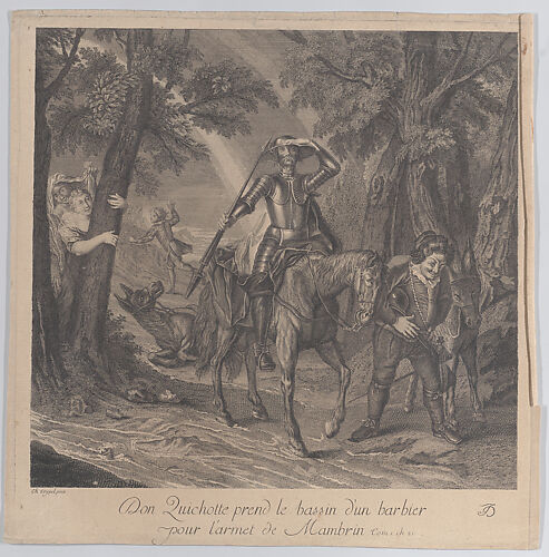 Don Quixote on horseback with a barber's bowl on his head as a hat