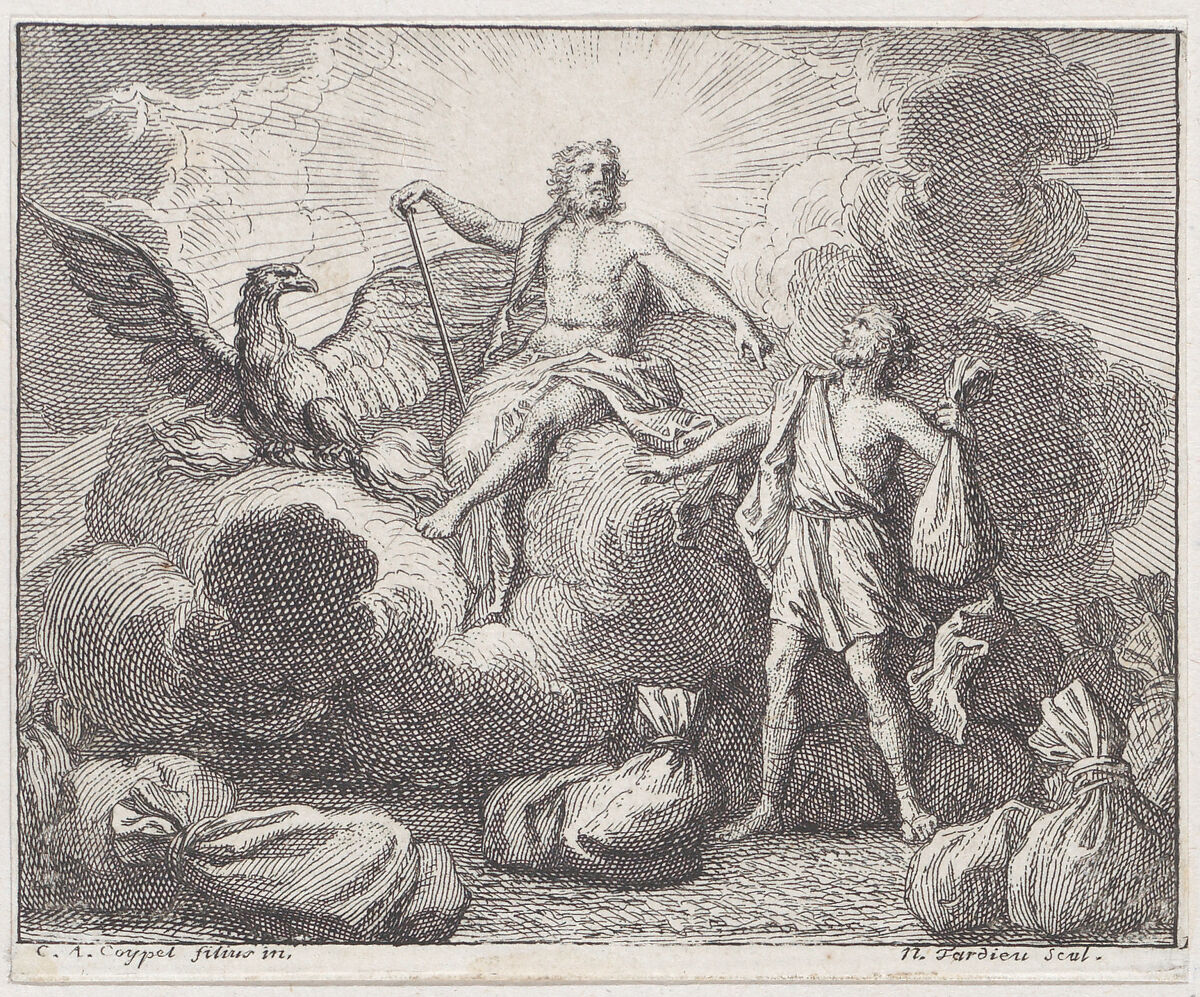 Book 1, Fable 11: Bags of destinies (Les sacs des destinées), Nicolas Henry Tardieu (French, Paris 1674–1749 Paris), Etching and engraving 
