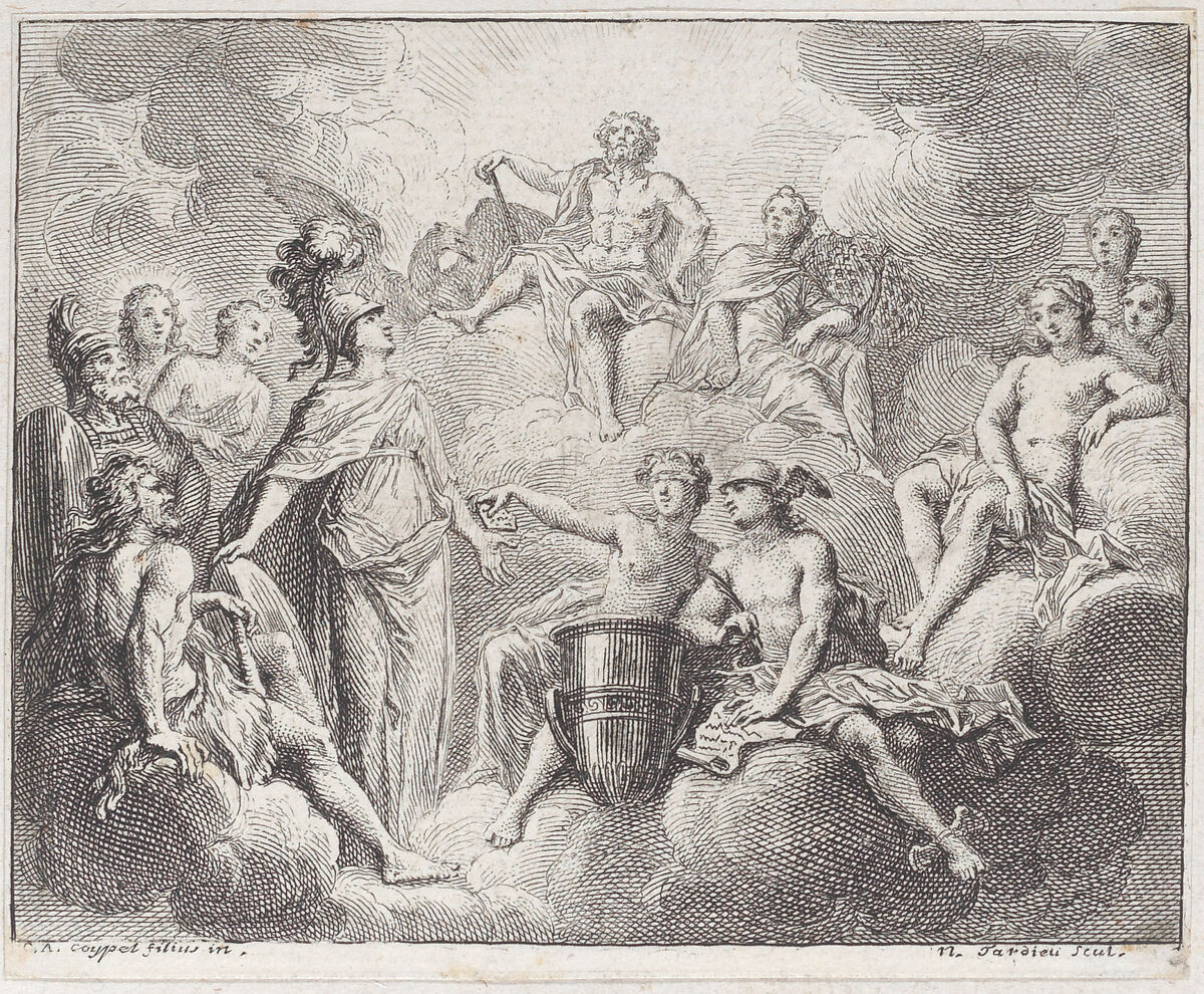 Book 1, Fable 13: the lottery of Jupiter (La lotterie de Jupiter), Nicolas Henry Tardieu (French, Paris 1674–1749 Paris), Etching and engraving 