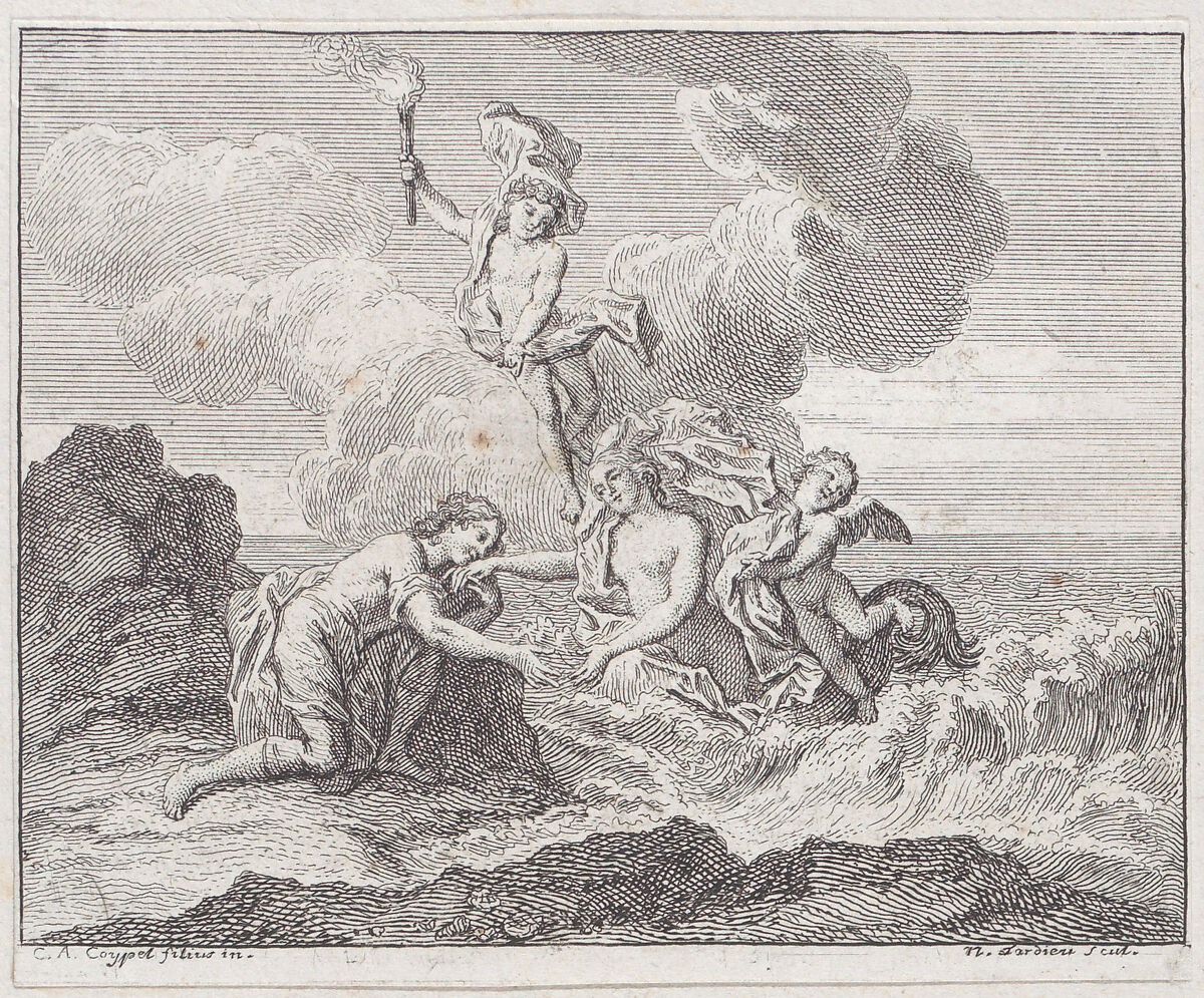 Book 2, Fable 17: the man and the Siren (L'Homme et la Sirene), Nicolas Henry Tardieu (French, Paris 1674–1749 Paris), Etching and engraving 