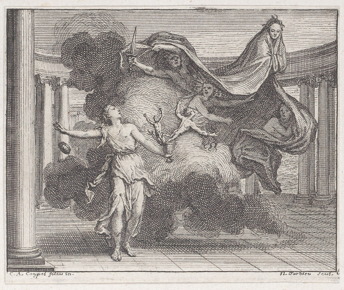 Book 4, Fable 7: Pandora, Nicolas Henry Tardieu (French, Paris 1674–1749 Paris), Etching and engraving 