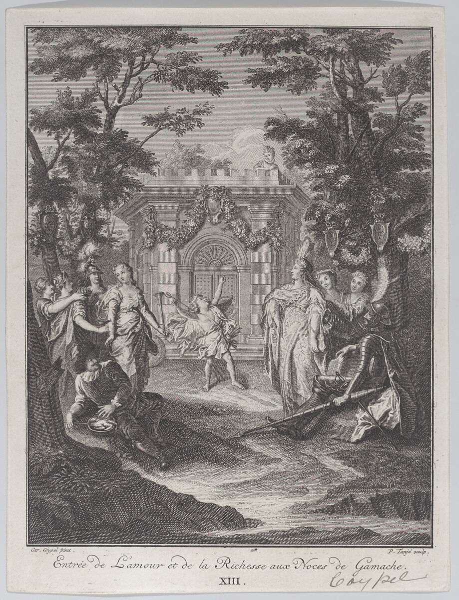Plate 13: entrance of Love and Wealth to Gamache's wedding (Entrée de L'amour et de la Richesse aux Noces de Gamache), Pieter Tanjé (Dutch, Bolsward 1706–1761 Amsterdam), Etching and engraving 