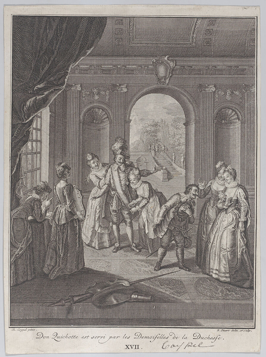 Plate 17: Don Quixote is served by the ladies of the Duchess (Don Quichotte est servi par les Demoiselles de la Duchesse), Bernard Picart (French, Paris 1673–1733 Amsterdam), Etching and engraving 