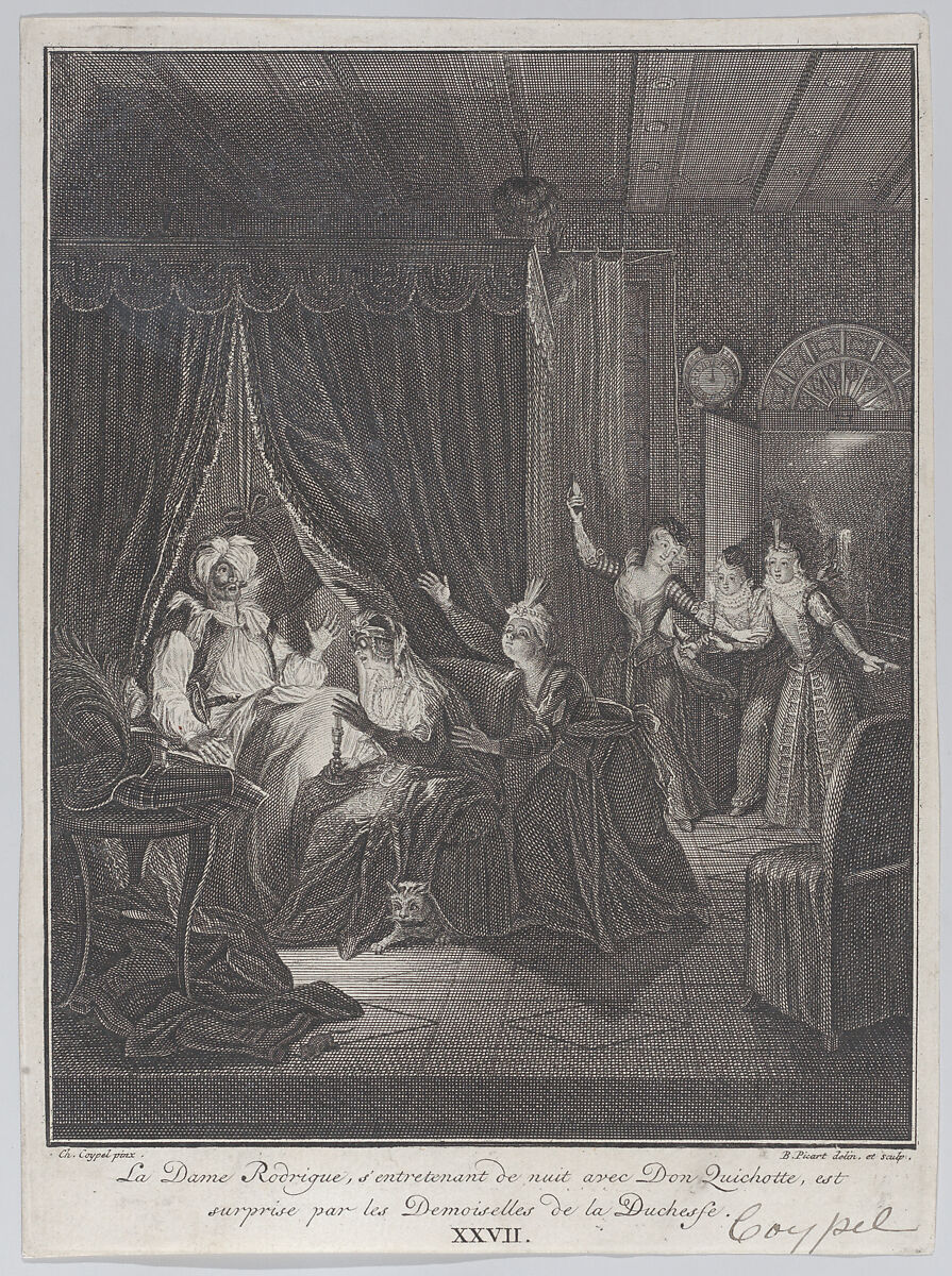 Plate 27: Doña Rodriguez, who is speaking at night with Don Quixote, is surprised by the ladies of the Duchess (La Dame Rodrigue, s'entretenant de nuit avec Don Quichotte, est suprise par les Demoiselles de las Duchesse), Bernard Picart (French, Paris 1673–1733 Amsterdam), Etching and engraving 