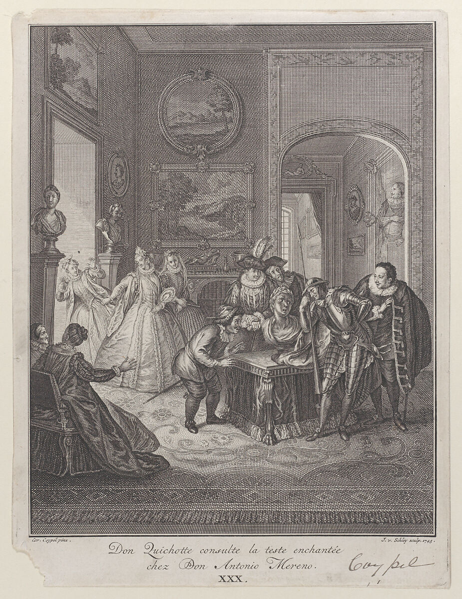 Plate 30: Don Quixote consults the enchanted head at Don Antonio Moreno's house (Don Quichotte consulte la teste enchantée chez Don Antonio Mereno), Jakob van Schley (Dutch, 1715–1774), Etching and engraving 