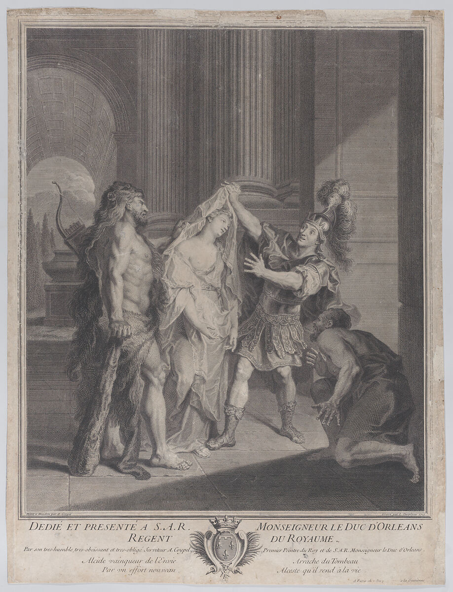 Hercules bringing Alcestis back to her husband Admetus, Louis Desplaces (French, Paris 1682–1739 Paris), Engraving 