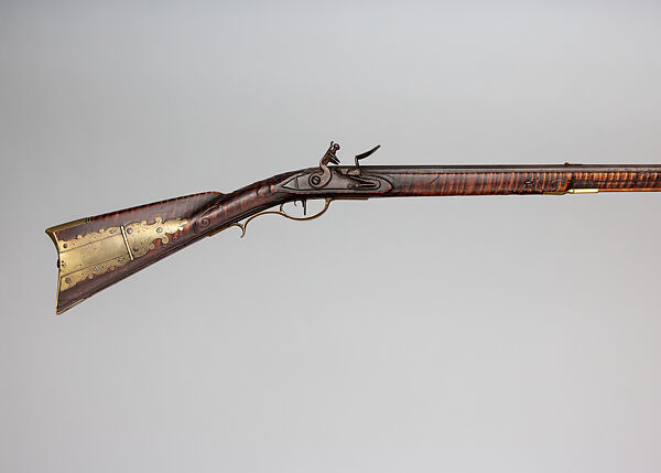 American Longrifle, John Bonewitz (American, Pennsylvania 1758–1828 Pine Grove, Pennsylvania), Wood, iron, brass, silver, American, Womelsdorf, Pennsylvania 