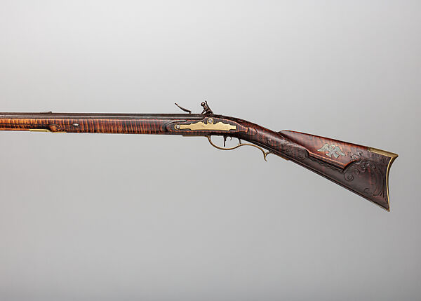 American Longrifle, John Bonewitz (American, Pennsylvania 1758–1828 Pine Grove, Pennsylvania), Wood, iron, brass, silver, American, Womelsdorf, Pennsylvania