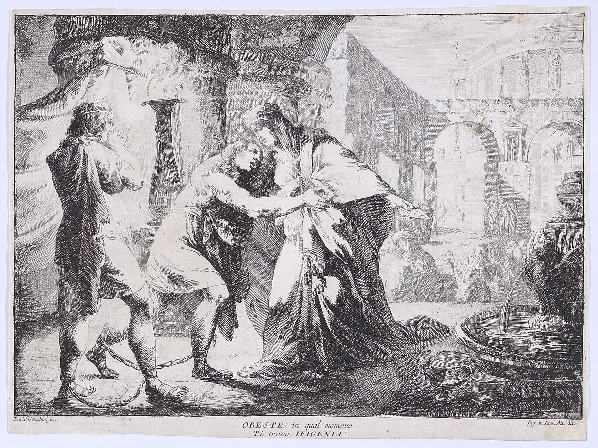 Iphigenia accompanied by Pylades recognises Orestes, whom she is about to sacrifice, Giovanni David (Italian, Cabella Ligure 1749–1790 Genoa), Etching 