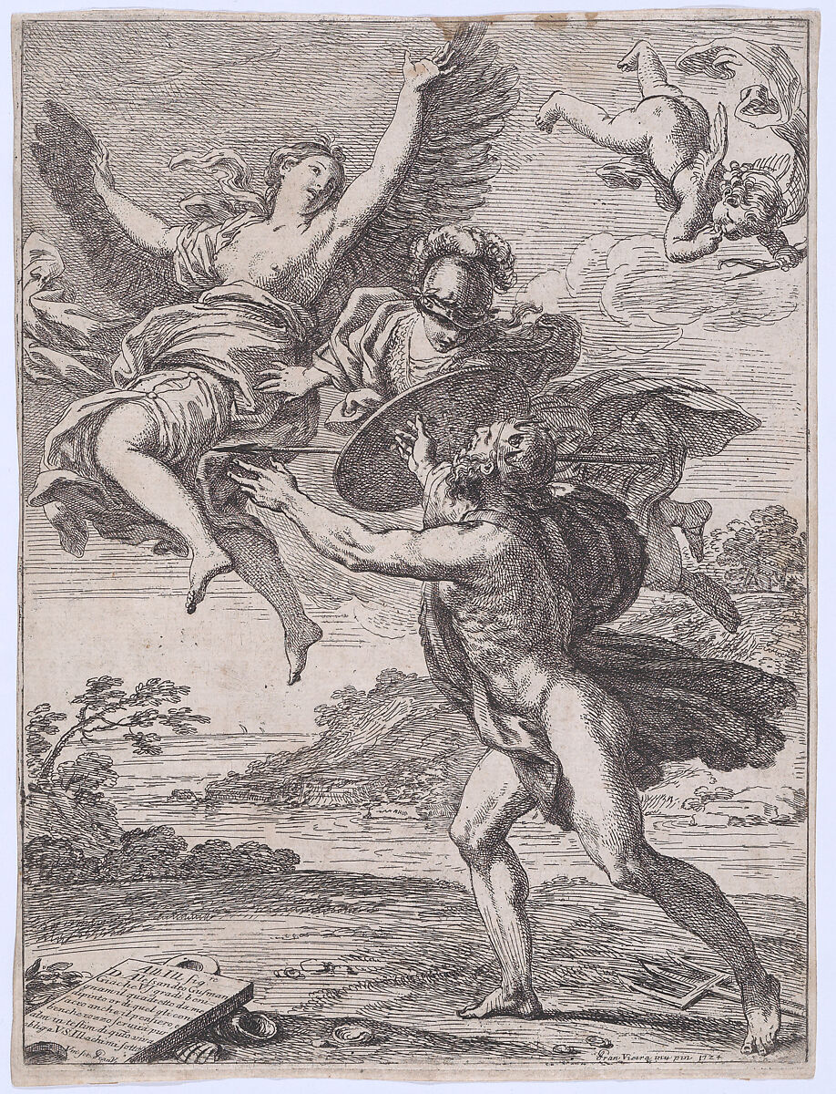 Neptune pursuing Coronis; Minerva interposes herself and turns Coronis into a crow, Francisco Vieira de Mattos (Il Lusitano) (Portuguese, Lisbon 1699–1783 Lisbon), Etching 