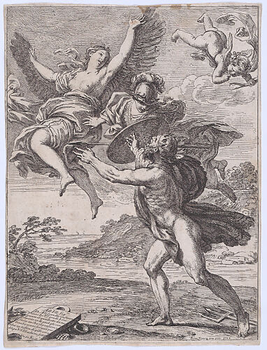 Neptune pursuing Coronis; Minerva interposes herself and turns Coronis into a crow
