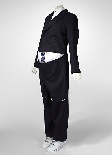 Ensemble, Comme des Garçons (Japanese, founded 1969), (a) wool, cupra; (b) cotton, mother-of-pearl; (c) cotton, polyester; (d) polyester; (e) polyester; (f, g) polyester, synthetic leather, synthetic rubber; (h, i) metal, Japanese