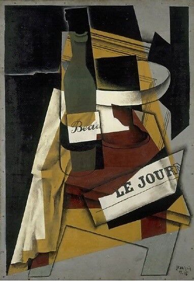 Bottle and Fruit Dish, Juan Gris (Spanish, Madrid 1887–1927 Boulogne-sur-Seine), Oil on plywood 