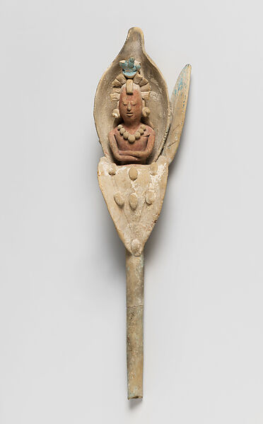 Maize God emerging from a flower, Ceramic, pigment, Maya