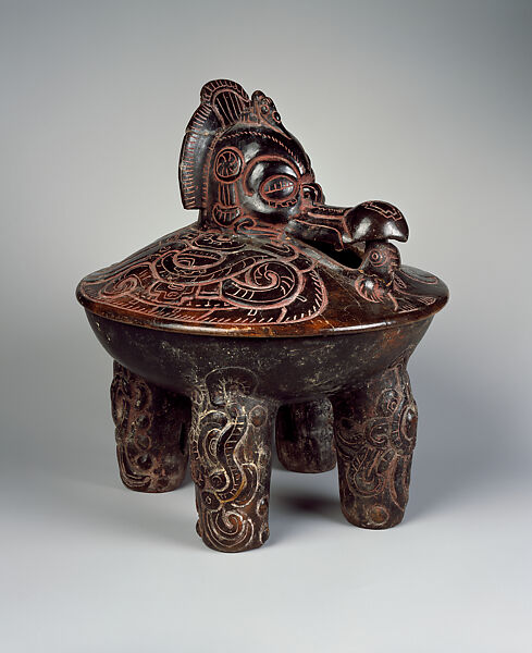 Lidded tetrapod bowl, Ceramic, pigment, Maya 