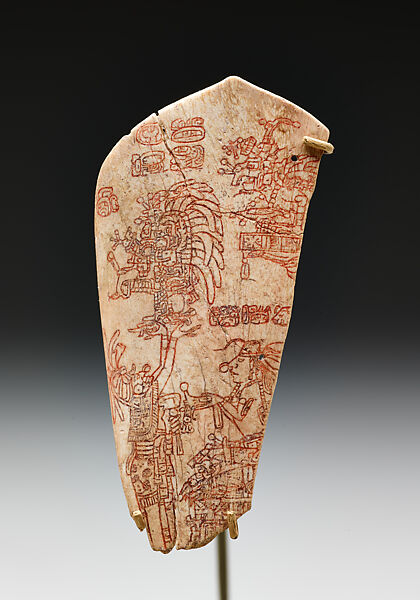 Incised bone with an accession ceremony, Bone, pigment, Maya 