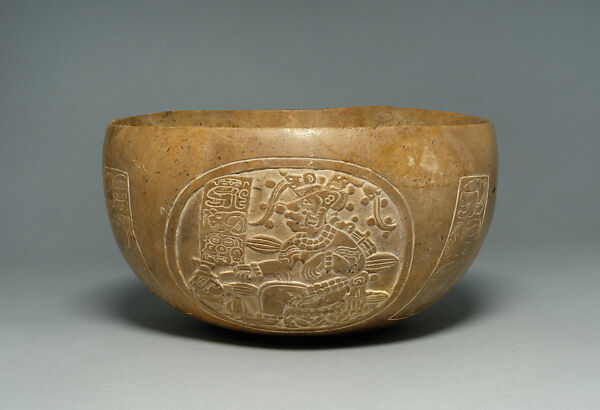 Bowl with the Maize God as cacao tree, Carbonate stone, Maya 