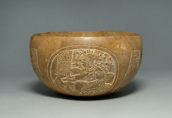 Bowl with the Maize God as cacao tree, Carbonate stone, Maya