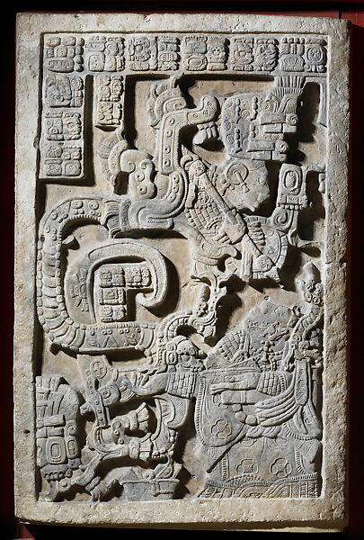 Lady K’abal Xook conjuring a supernatural warrior, Limestone, Maya 