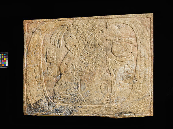 Lintel with woman in a moon cartouche, Limestone, pigment, Maya 