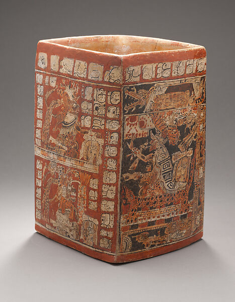 Squared vessel, Lo’ Took’ Akan (?) Xok (Maya, active 8th century), Slip-painted ceramic with post-fire stucco, Maya 