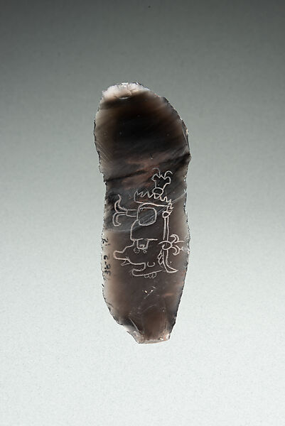 Incised flake with deity image, Obsidian, Maya