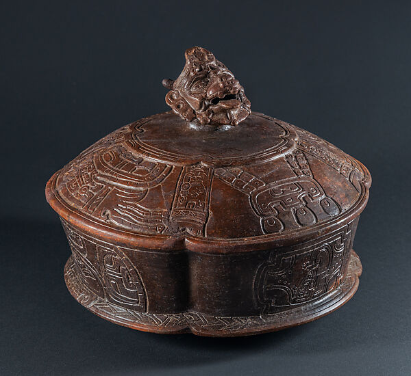 Lidded vessel with howler monkey, Ceramic, Maya 