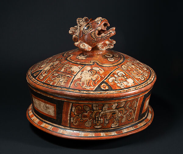 Lidded vessel with howler monkey, Ceramic, Maya 