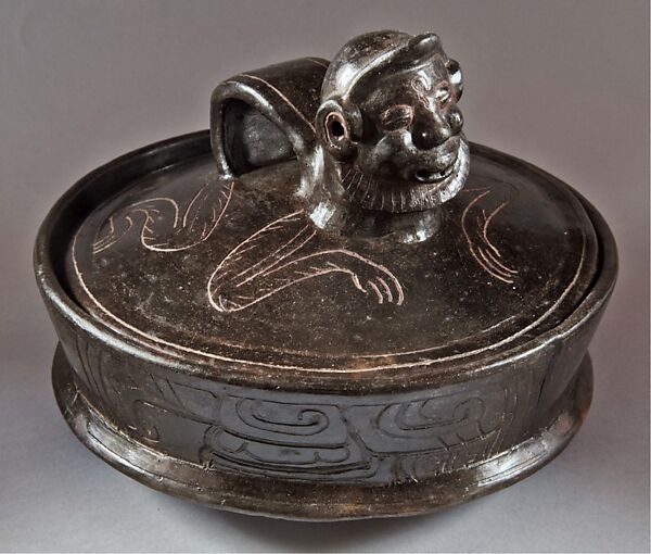 Lidded vessel with monkey, Ceramic, Maya 