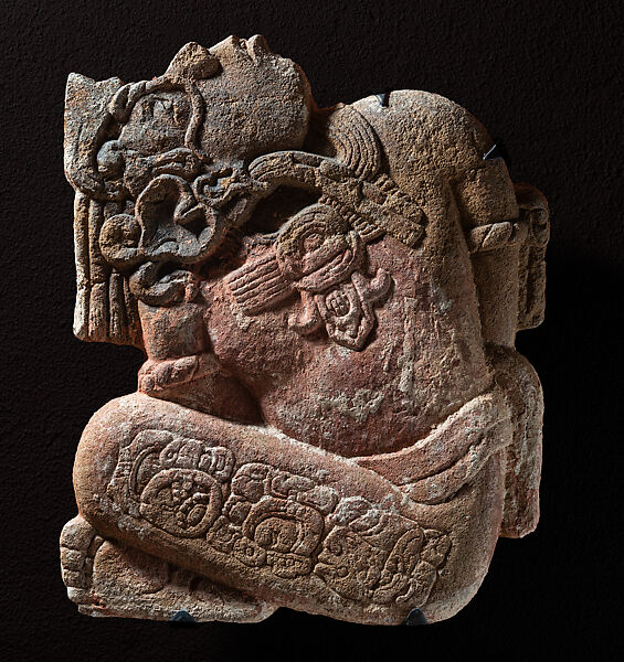 Yax Ahk’ as captive impersonating jaguar deity, Sandstone, Maya 