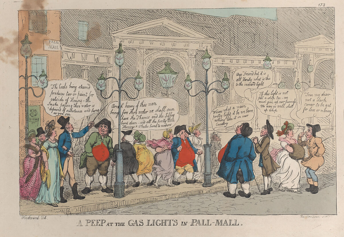 A Peep at the Gas Lights in Pall-Mall, Thomas Rowlandson (British, London 1757–1827 London), Hand-colored etching 