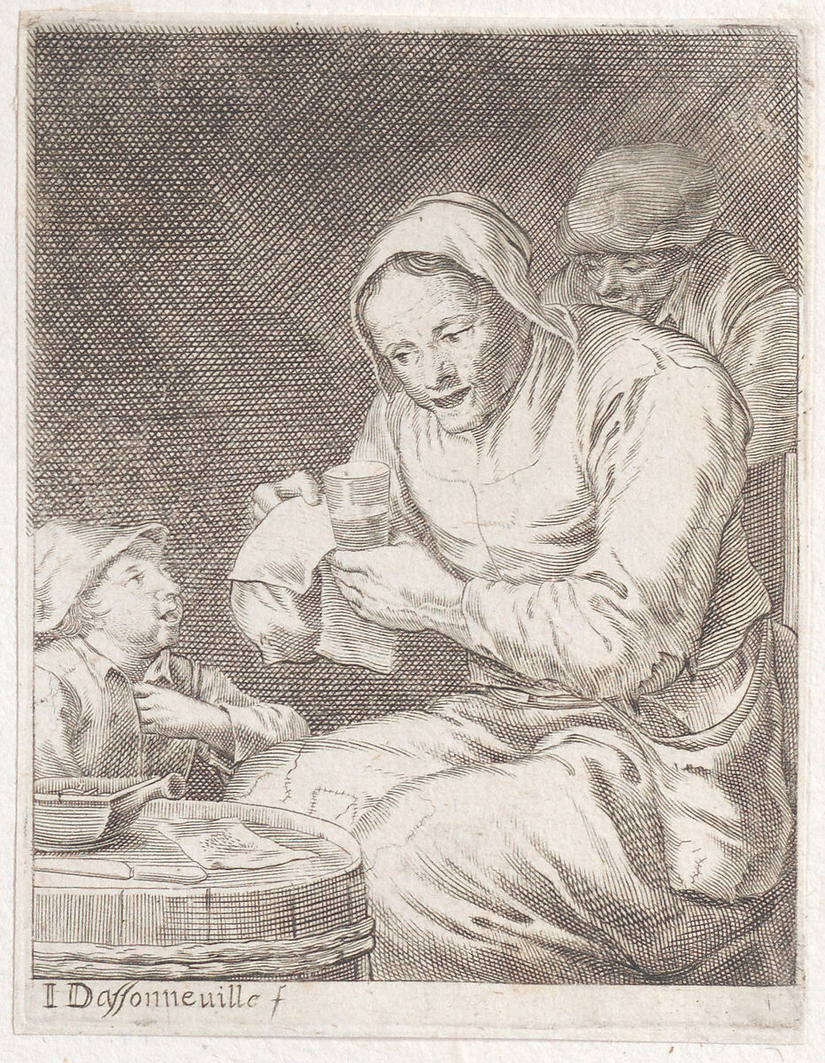 An old woman holding a glass and a piece of paper, a child at left and a man behind her at right, Jacques Dassonville (French, ca. 1619–ca. 1670), Etching 