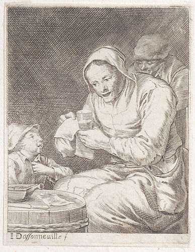 An old woman holding a glass and a piece of paper, a child at left and a man behind her at right