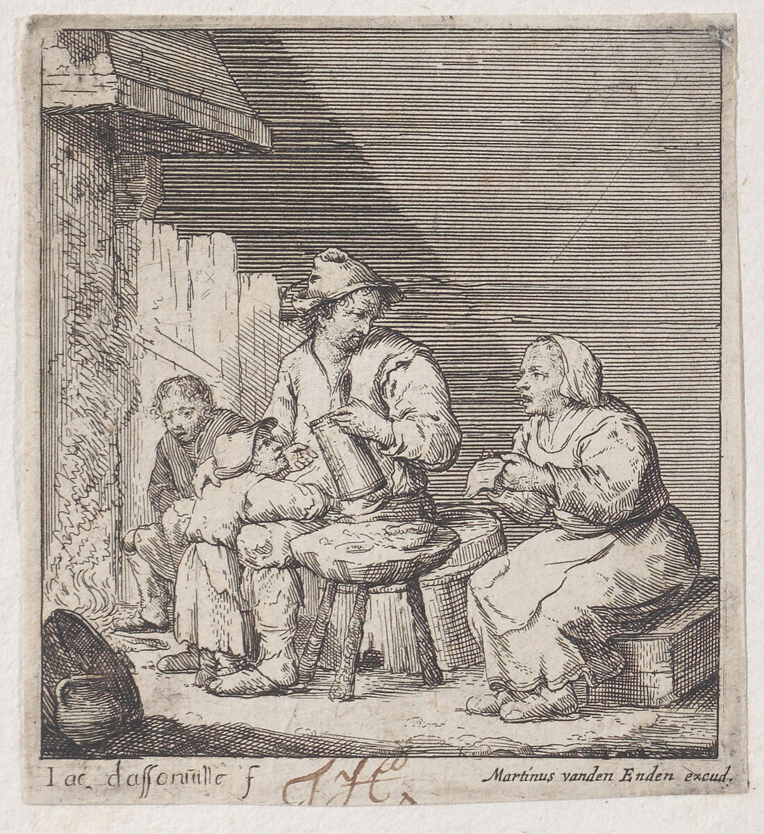 A family of four peasants gathered before the fireplace, Jacques Dassonville (French, ca. 1619–ca. 1670), Etching; second state of two 