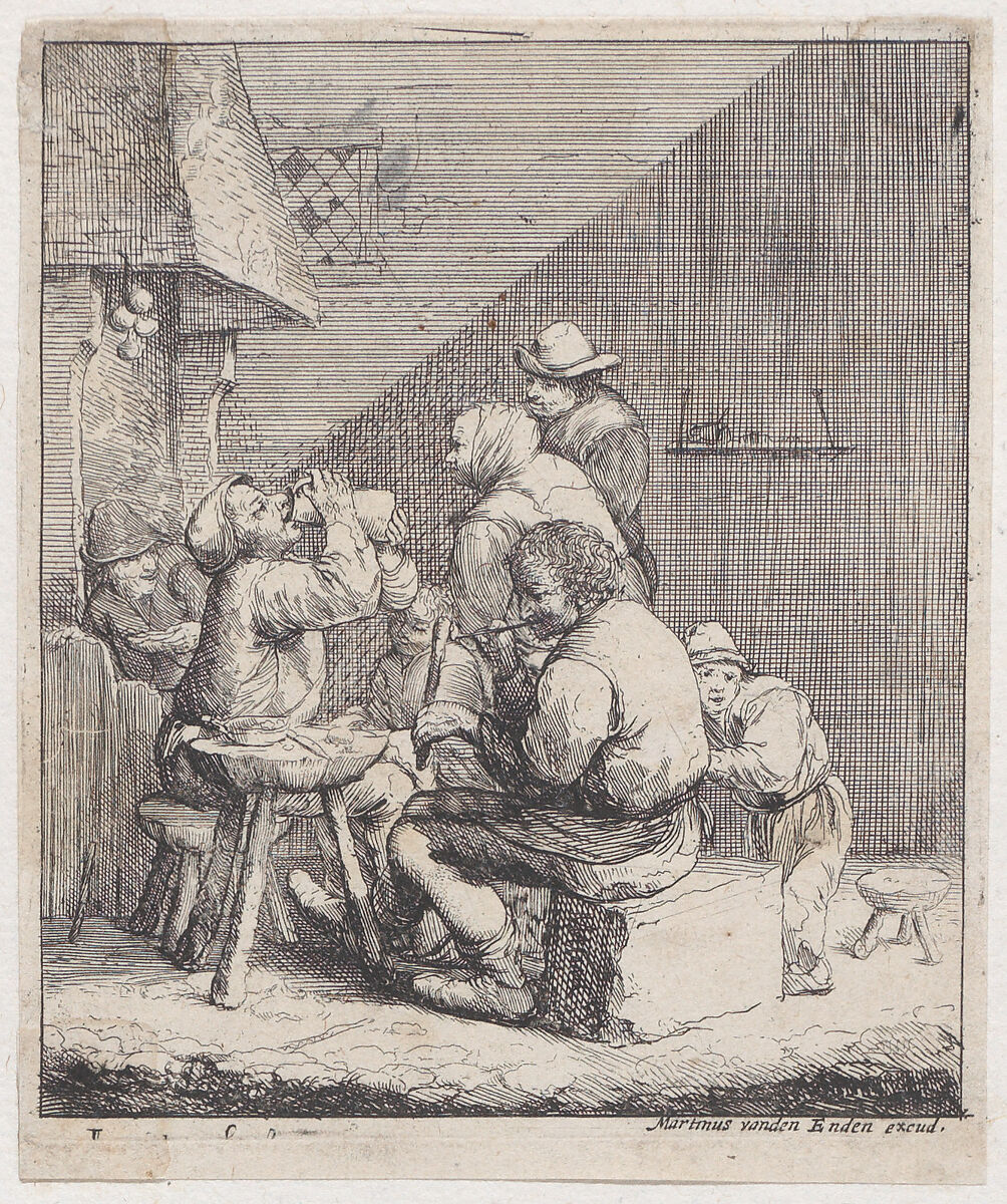 Seven peasants in a rustic interior with a man lighting a pipe, Jacques Dassonville (French, ca. 1619–ca. 1670), Etching 