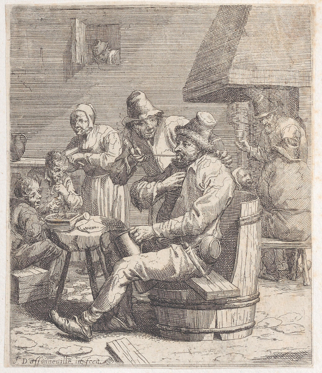 Nine peasants in a rustic interior with, with a man putting a pipe into the mouth of a seated man, Jacques Dassonville (French, ca. 1619–ca. 1670), Etching 