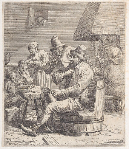 Nine peasants in a rustic interior with, with a man putting a pipe into the mouth of a seated man