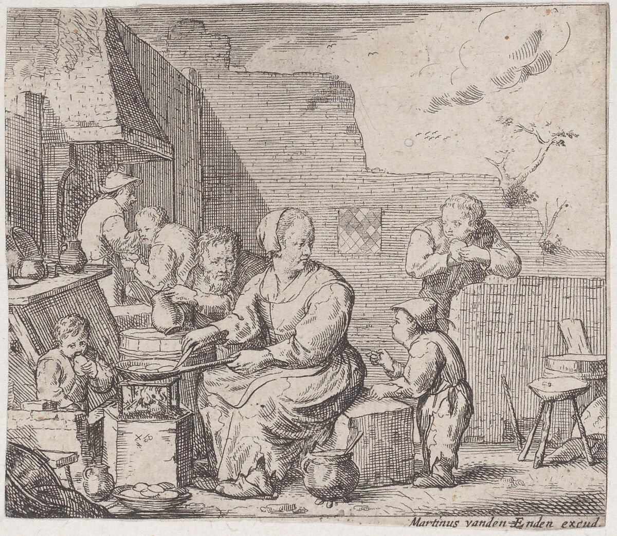 Peasant woman, seated, and cooking, with three children and a man around her, Jacques Dassonville (French, ca. 1619–ca. 1670), Etching; second state of two 