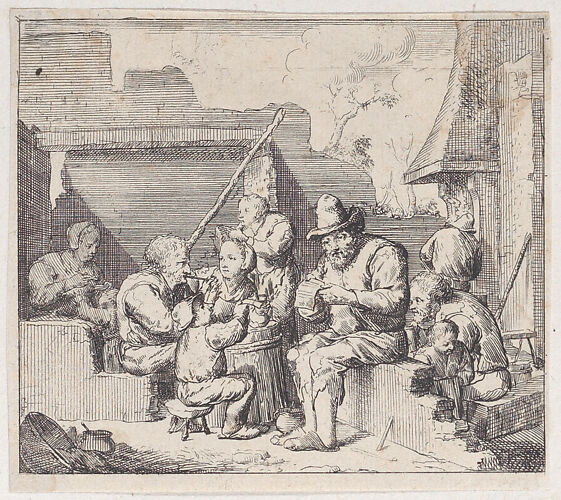 Ten peasants in a ruined house with a seated man at center reading a paper