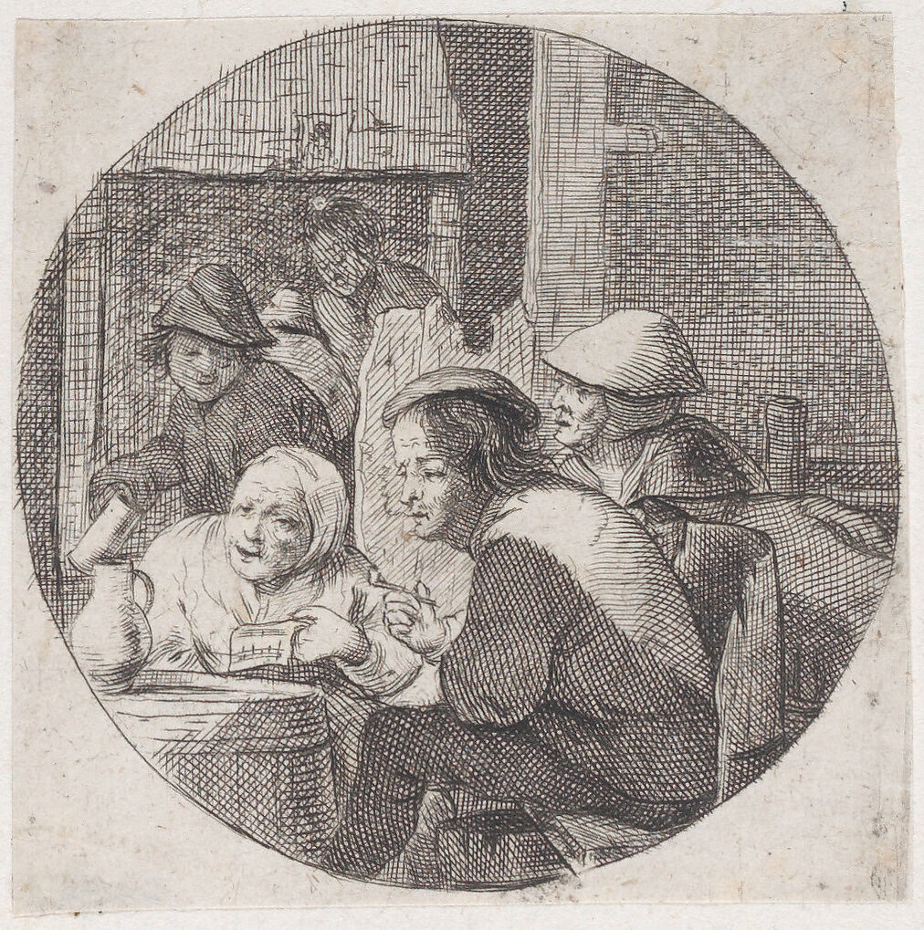 Rustic interior with an old woman holding music and singing in the foreground, Jacques Dassonville (French, ca. 1619–ca. 1670), Etching 